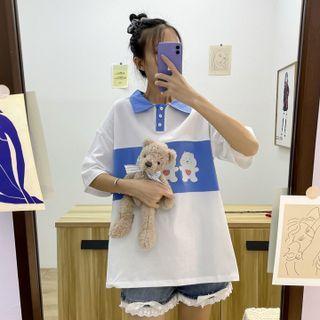 Elbow-sleeve Print Polo Shirt White - One Size