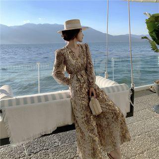 Long-sleeve Sequined Sashed Wide-leg Jumpsuit