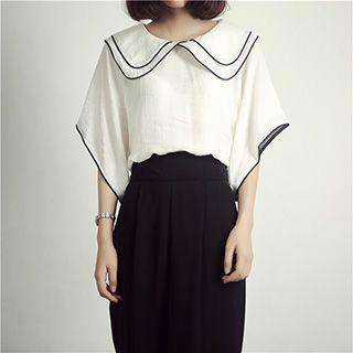 Elbow-sleeve Collared Chiffon Top