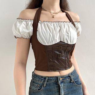 Mock Two-piece Short-sleeve Cold Shoulder Faux Leather Crop Top