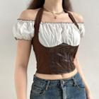 Mock Two-piece Short-sleeve Cold Shoulder Faux Leather Crop Top