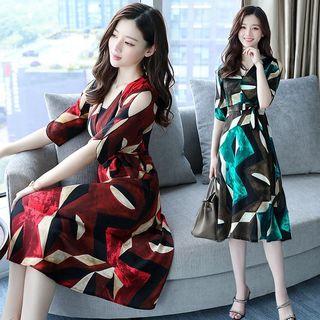Elbow-sleeve Patterned Midi Chiffon Dress