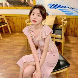Square-neck Printed Split Dress