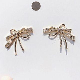 Rhinestone Bow Stud Earring 1 Pair - Silver Needle - Bow - One Size