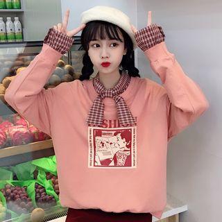 Printed Mock Two-piece Sweatshirt / Plain Mini Skirt