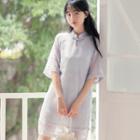 Mandarin Collar Elbow-sleeve Mini A-line Dress