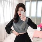 Glitter Mesh Panel Long-sleeve Cropped Long-sleeve Knit Top