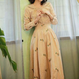 Embroidered Long-sleeve A-line Midi Corduroy Dress