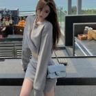 Long-sleeve Lettering Cropped Sweatshirt / High-waist Lettering Skirt / High-waist Plain Pants