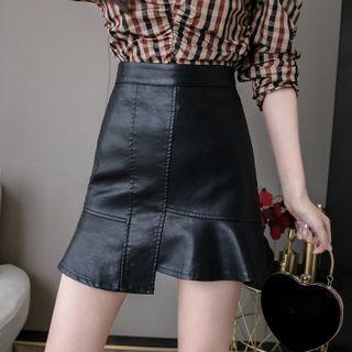 Ruffled Hem Mini A-line Faux Leather Skirt