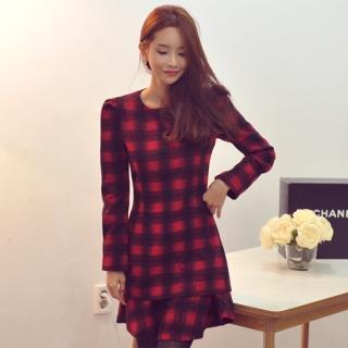 Long-sleeve Plaid Frilled-hem Dress
