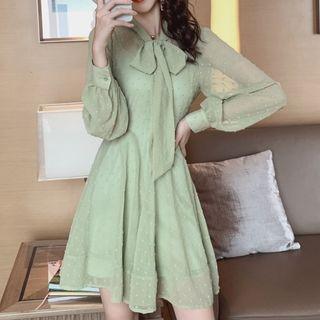 Long-sleeve Dotted Chiffon Tie-neck A-line Mini Dress