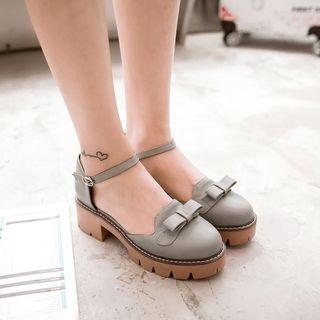 Faux Leather Ribbon Accent Platform Block Heel Pumps