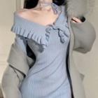 Long-sleeve Ruffle Knit Mini Collared Dress