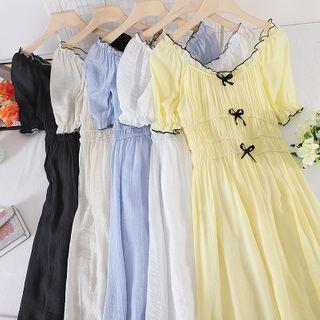 Short-sleeve Bow Detail Midi A-line Dress