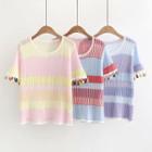 Striped Short-sleeve Tassel Knit Top