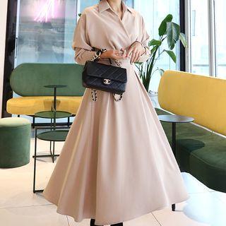 Open-placket Boxy-pleated Maxi Wrap Dress