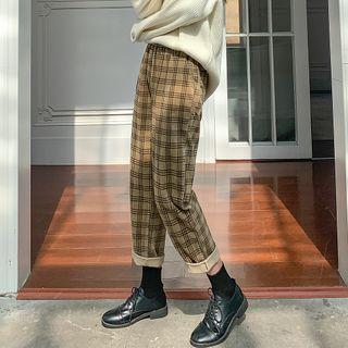 Plaid Cropped Straight Leg Corduroy Pants