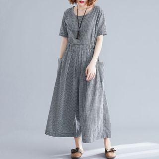 Plaid Short-sleeve Cropped Wide-leg With Jumpsuits