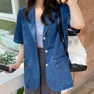 Elbow-sleeve Denim Blazer Blue - One Size
