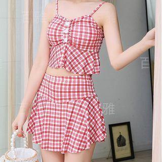 Set: Plaid Camisole Swim Top + Swim Skirt