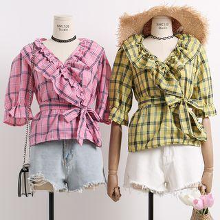 Tie-waist Ruffled-trim Plaid Top