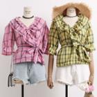 Tie-waist Ruffled-trim Plaid Top