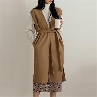 Open-front Long Vest With Sash
