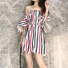 Striped Off-shoulder Bell-sleeve Minidress With Belt