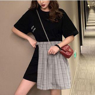 Set: Crew-neck Short-sleeve T-shirt Dress + Plaid A-line Skirt