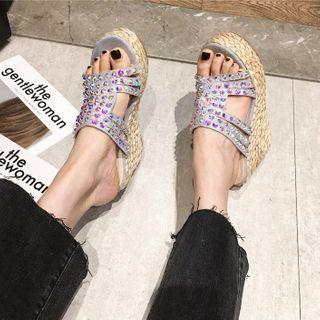 Platform Wedge Heel Rhinestone Slide Sandals