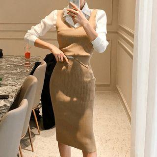 Set: Shirt + Knit Vest + Midi Knit Skirt