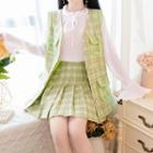 Set: Long-sleeve Ruffled Blouse + Plaid Buttoned Vest + Pleated A-line Mini Skirt
