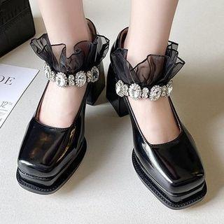 Mesh Ruffled Platform Chunky-heel Mary Jane Pumps