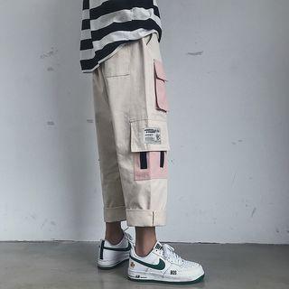 Pocket Detail Color Block Cropped Straight-fit Pants