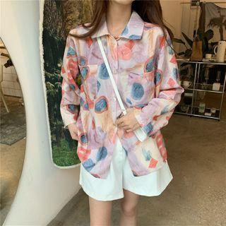 Print Shirt Coral Pink & Blue & Light Purple - One Size