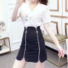 Lace Short-sleeve Blouse / Mini A-line Skirt