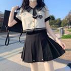 Short-sleeve Collar Blouse / Pleated Mini A-line Skirt
