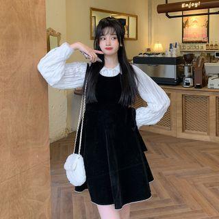 Puff-sleeve Button-up Blouse / Sleeveless Mini Dress