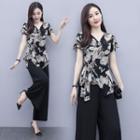 Set: Short-sleeve Floral Print Blouse + Wide-leg Chiffon Pants
