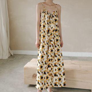 Spaghetti Strap Floral Maxi A-line Dress Yellow & White - One Size