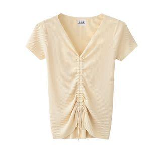 Plain Drawstring Short Sleeve Knit Top