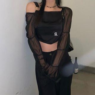 Puff-sleeve Cold-shoulder Mesh Panel Crop Top