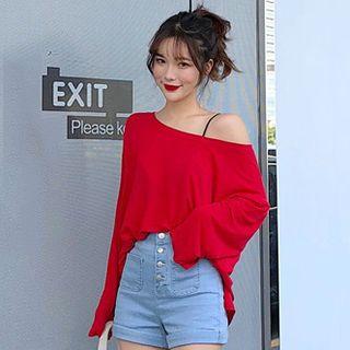 Long-sleeve Plain T-shirt Red - One Size