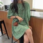 Puff-sleeve Floral Print A-line Dress Floral - Green - One Size