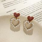 Heart Faux Pearl Dangle Earring 1 Pair - Brownish Red & White - One Size