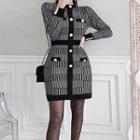 Printed Long-sleeve Mini Knit Sheath Dress Black & White - One Size