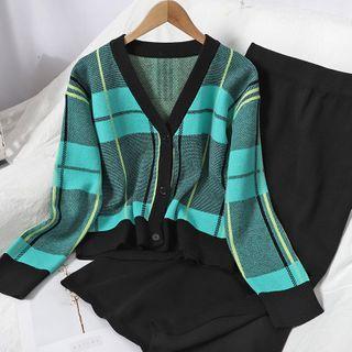 Set: Plaid Cardigan + Midi A-line Skirt Cardigan - Blue - One Size / Skirt - Black - One Size