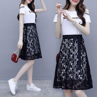 Set: Lettering Cold Shoulder T-shirt Dress + Lace Tie-waist A-line Skirt