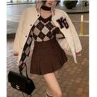 Lettering Baseball Jacket / Pleated Mini A-line Skirt / Argyle Knit Top